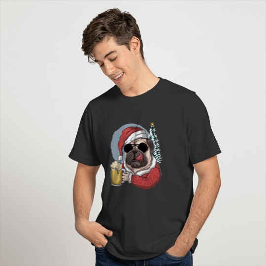 Pug Dog Beer Wearing a Santa Costume For Christmas T-shirt