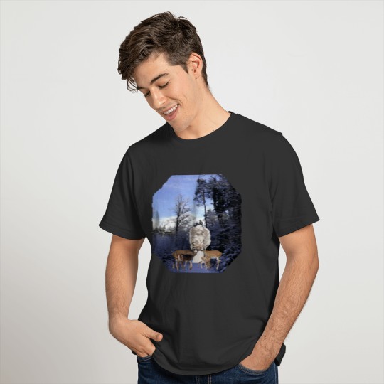 DEER--Family with ANGEL in Snow-Forest T Shirts