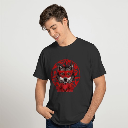 Red Wolf With Flowers T-shirt