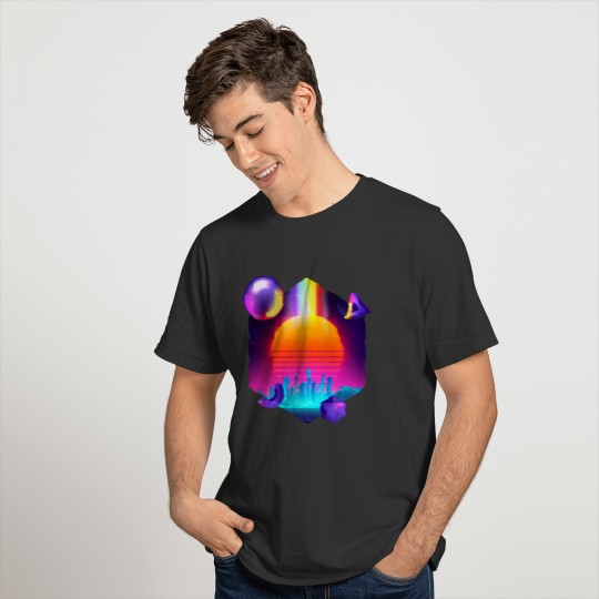 Neon sunset, city and sphere T-shirt