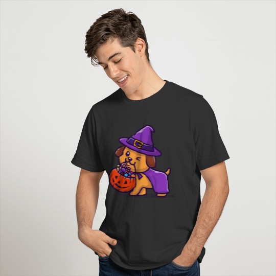 Cute Wizard Dog Bring Pumpkin Halloween Cartoon T Shirts