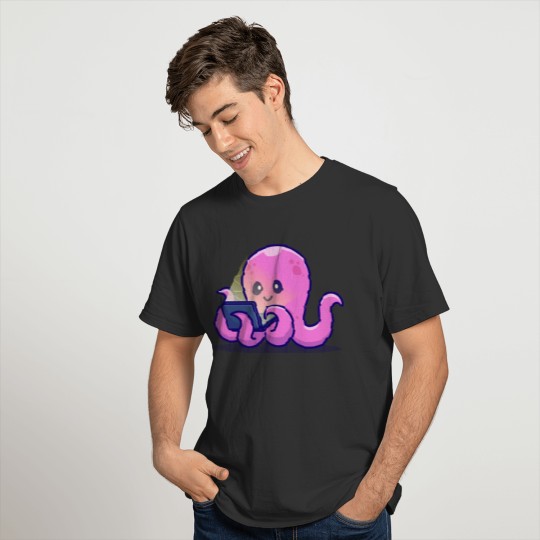Cute Octopus Working On Laptop Cartoon T Shirts