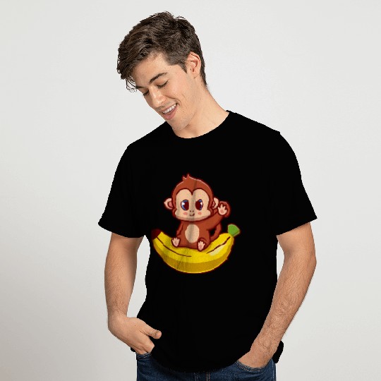 Cute Monkey Sitting On Banana Cartoon T Shirts
