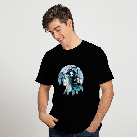funny grim reaper riding unicorn Halloween Moon T Shirts
