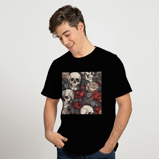 Skulls & Red Roses Dark Elegant Gothic Pattern T Shirts