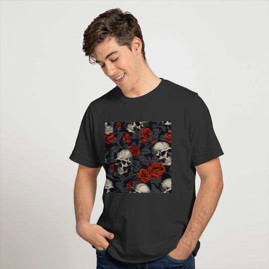 Red Roses & Skulls Pattern Dark Elegant Gothic T Shirts
