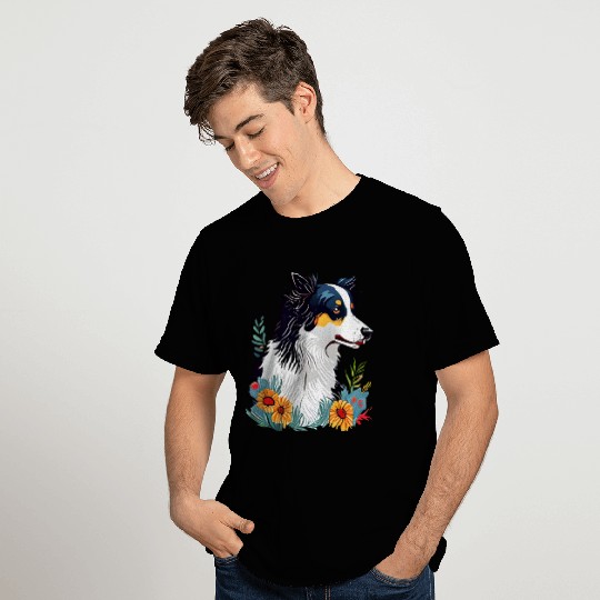 Border Collie Flowers Design T Shirts
