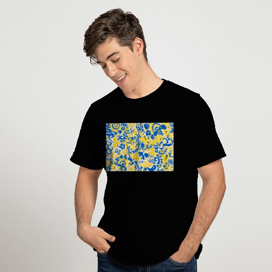Ukrainian flag colors on floral folklore pattern T Shirts