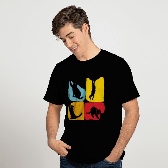 Playful Black Cat Poses Silhouettes Pattern T Shirts