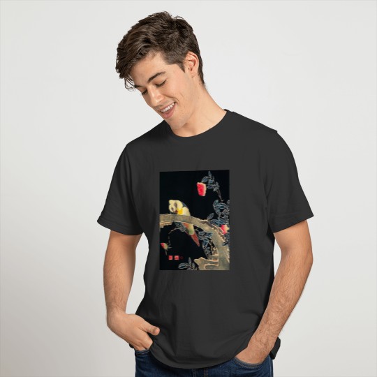 Parrot on Rose Bush Vintage Bird Japanese Woodbloc T-shirt
