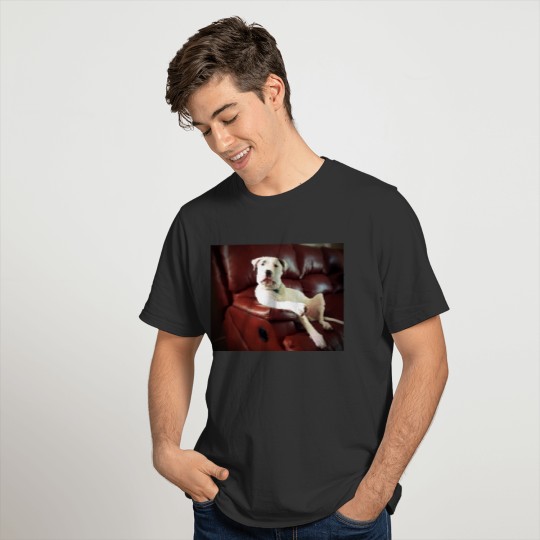 funny white pit bull dog on the couch T-shirt