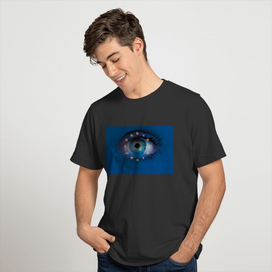 Eye looks through Europe flag background concept T-shirt