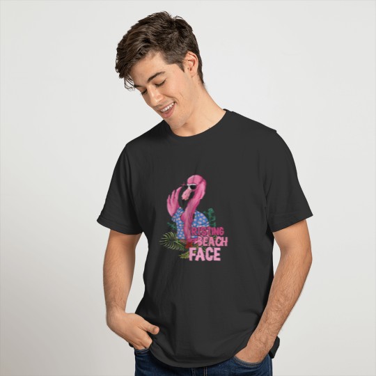 Flamingo Bird Tropical Design Resting Beach Face T-shirt