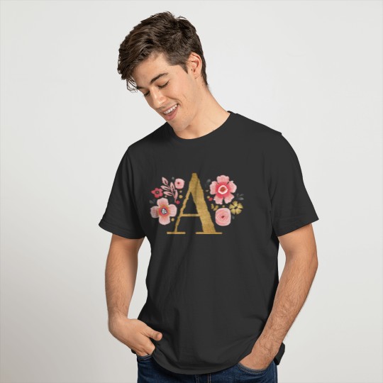 Gold Monogram Floral Initial Letter A T-shirt