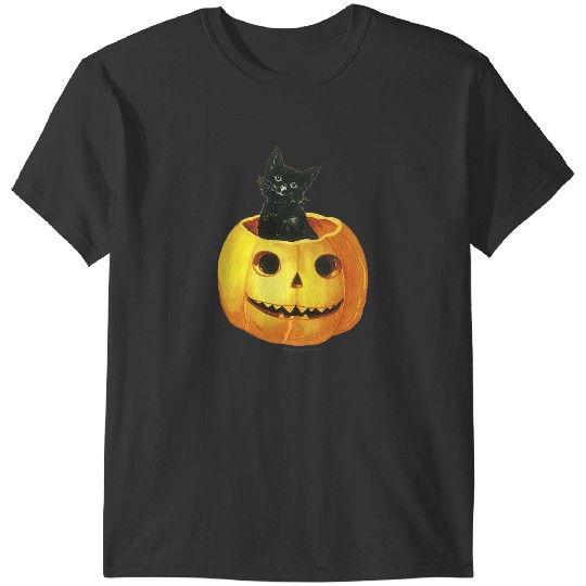 Womens Black Halloween Cat in Jackolantern Vintage T-Shirts