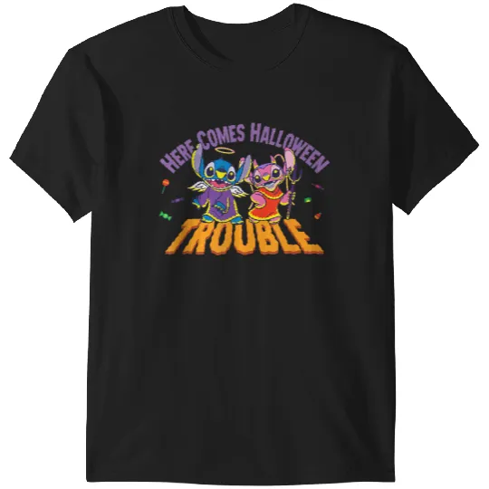 Disney Stitch Angel Here Comes Halloween 2024 Trouble T-Shirts