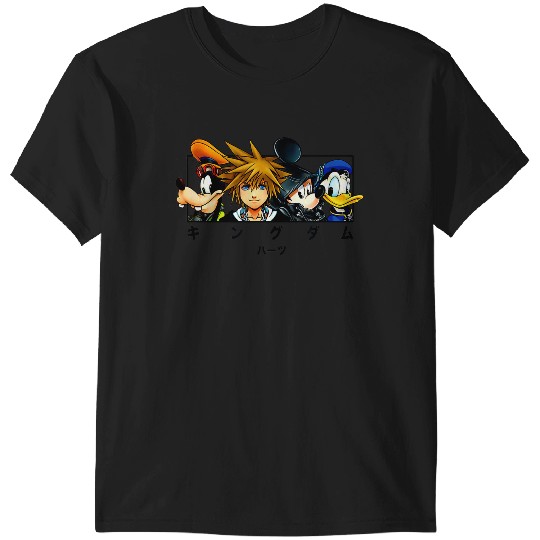 Disneyss Kingdom Hearts Main Characters Panel Chest Kanji Logo T-Shirts