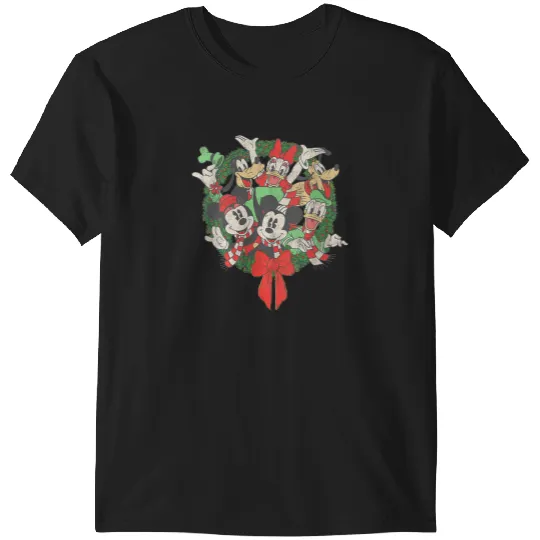 Womens Disney Group Shot Christmas Wreath V-Neck T-Shirts