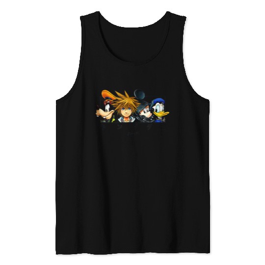 Disneyss Kingdom Hearts Main Characters Panel Chest Kanji Logo Tank Tops
