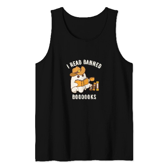 Boo Haw I read banned books Western Cowboy ghosts Halloween Tank Tops