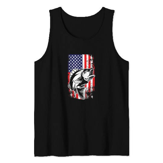 Fishing American Flag Bass Fish Fisherman Design Fisher Tank Tops