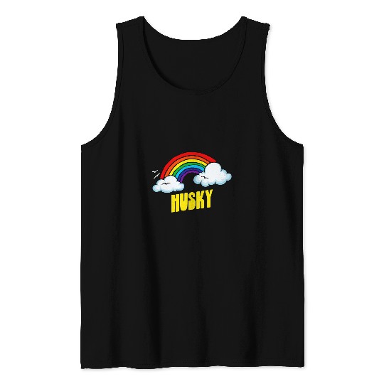 Dog Husky Cute Funny Sarcastic Retro vintages 80s Rainbow Tank Tops