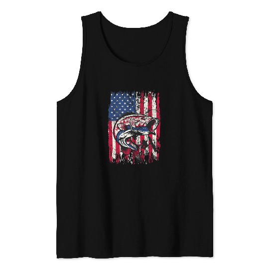 Fishing Bass Fishing USA American Flag 4th of July Dad Men Fisher Tank Tops