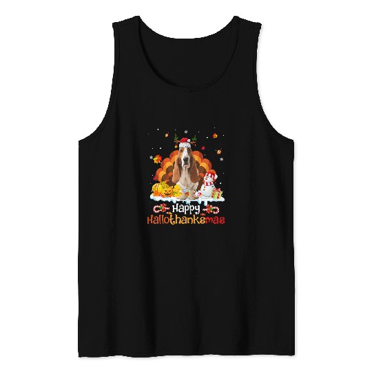 Dog Basset Hound HalloThanksMas Halloween Thanksgiving Christmas Basset Hound 520 Tank Tops