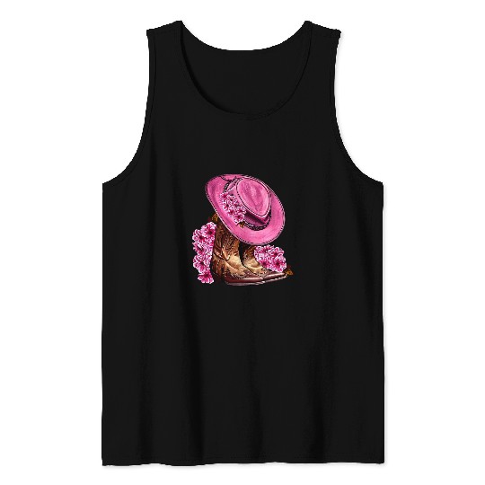 Floral Pink Cowgirls Boots And Hat Valentines Western Country3 Tank Tops