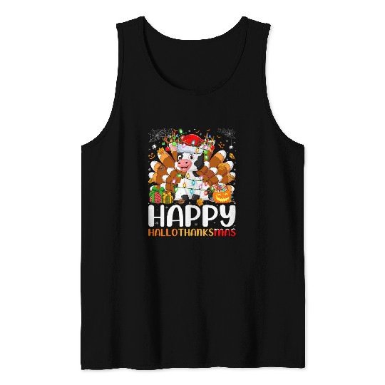 Cattle Lover Halloween Christmas Happy Hallothanksmas Tank Tops