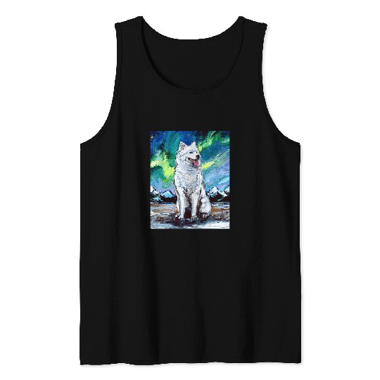 Dog Samoyed Northern Lights Winter Aurora Dog Art by Aja Tank Tops