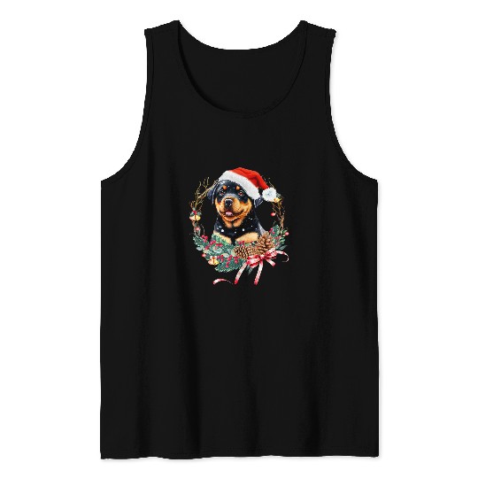 Dog Rottweiler Cute Christmas Dog Rottweiler in Christmas Wreath Santa Hat Tank Tops
