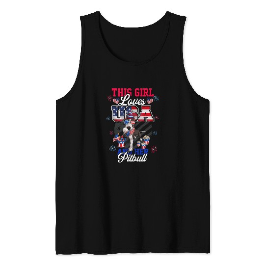 Bully This Girl Loves USA And Her Pitbull 4th July Red White Blue Pitbull Dog Tank Tops