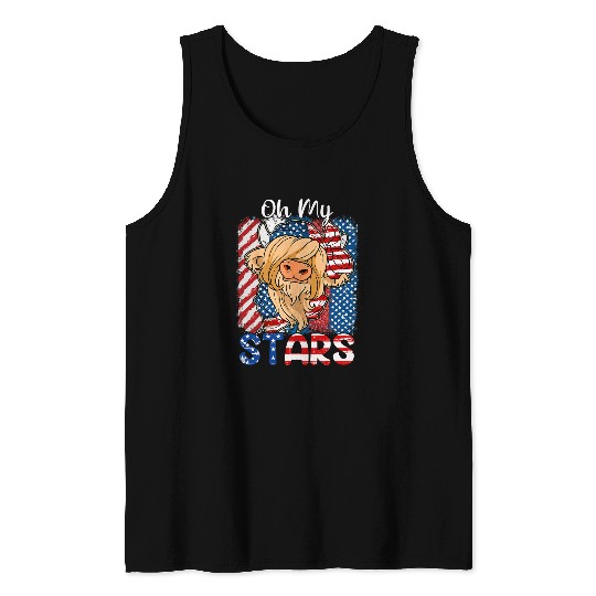 Cow Lover Womens Oh My Stars Cow Usa Flag With 4th Of July Patriotic Tank Tops