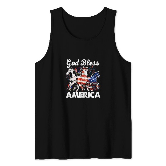 Christian Horse God Bless America Flag 4th Of July Christ Tank Tops