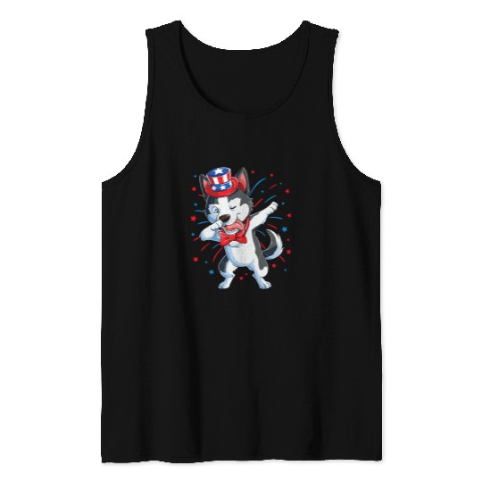 Dog Husky Dabbings Siberian Husky 4th of July Men Women American Flag Tank Tops