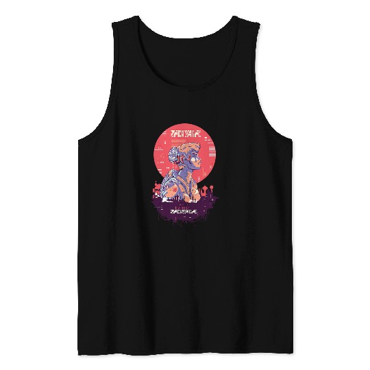 Anime Manga Cyber Punk Boy Over Red Sun Dystopian landscape Tank Tops