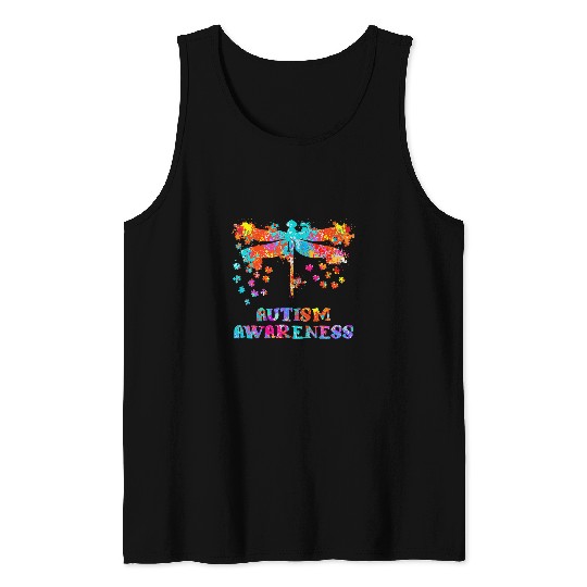 Autism Puzzle Piece Dragonfly Puzzle Ribbon Awareness Neurodiverse Tank Tops