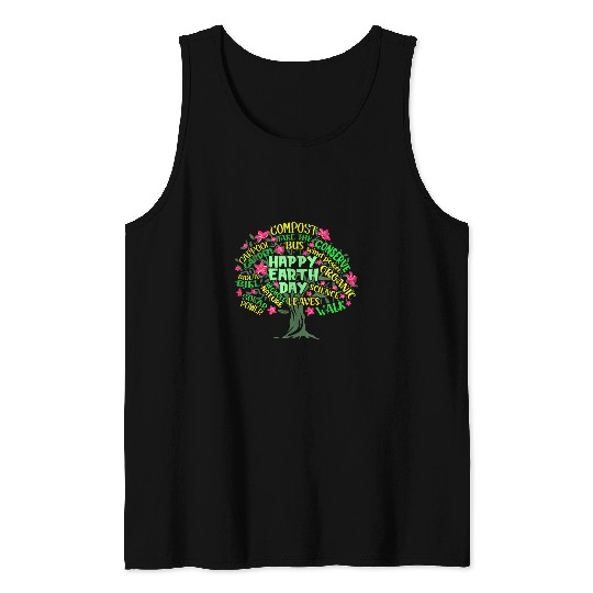 Happy Earth Day Tree Drawing Illustration Word Art Men Women Tank Tops