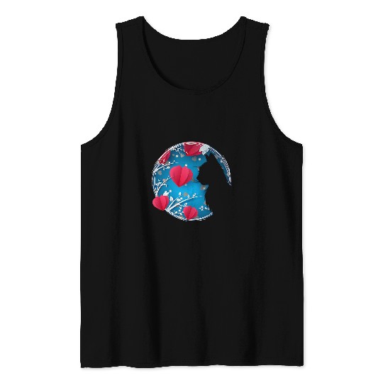 Cat Silhouette with floating Hearts for Kittie Lovers Tank Tops