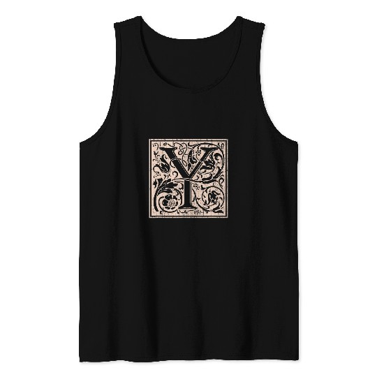 Capital Letter Y vintages Floral Initial Motif Retro Alphabet Tank Tops