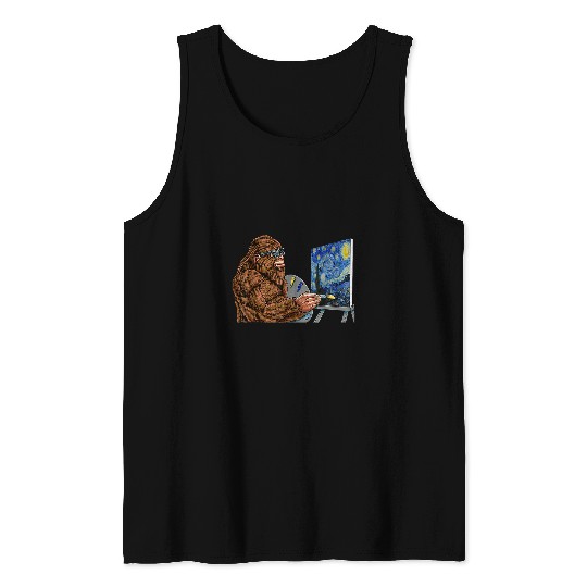 Funny Sasquatch bigfoots Painting Starry Night Van Gogh Tank Tops