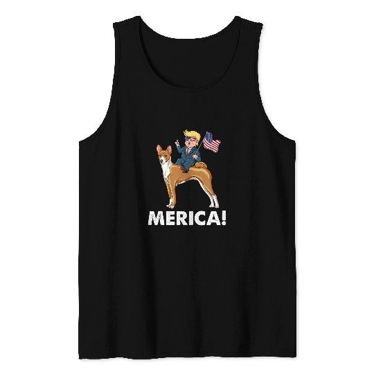 Dog Basenji Trump Merica Riding a Basenji Dog 4th July Tank Tops