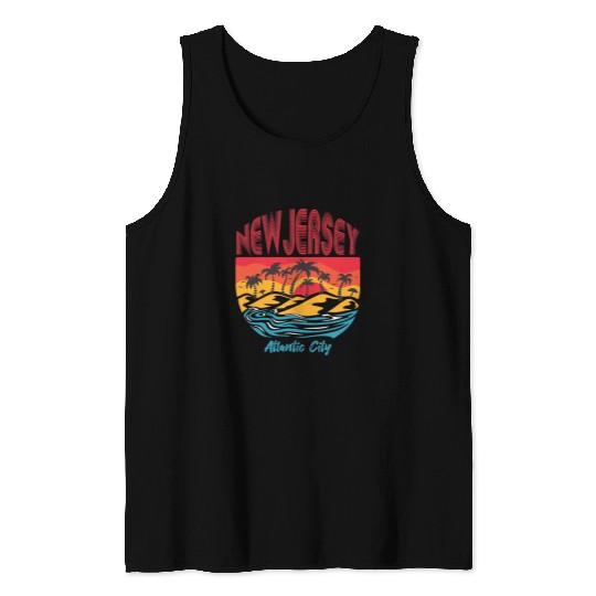 Surf Life Retro Atlantic City New Jersey Palm trees Ocean Surfing Tank Tops