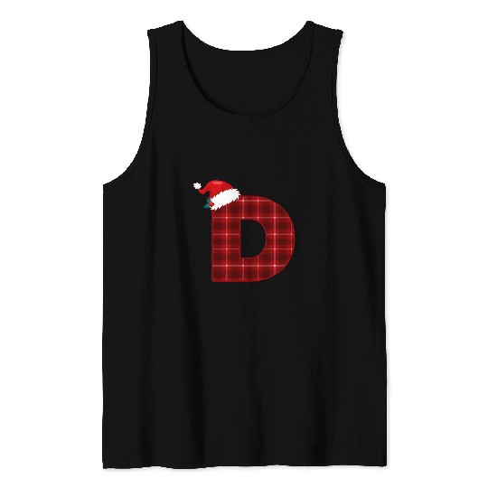 Christmas Plaid Initial Letter D Monogram Santa Hat Graphic Tank Tops