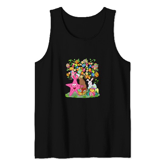 Bunny Starfish Hunting Easter Eggs With Chick Cute Tree Tank Tops