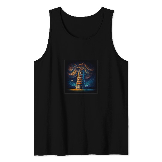 Surrealism Starry Night Tower of Pisa Tank Tops