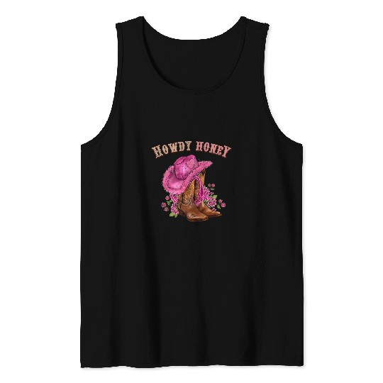 Howdy Honey Floral Pink Cowgirls Boots And Hat Valentines Day Tank Tops
