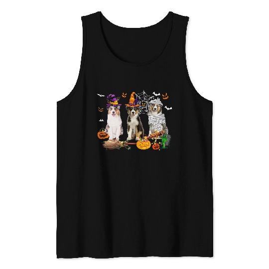 Three Australian Shepherd Dogs Mummy Witch Scary Pumpkins Tank Tops