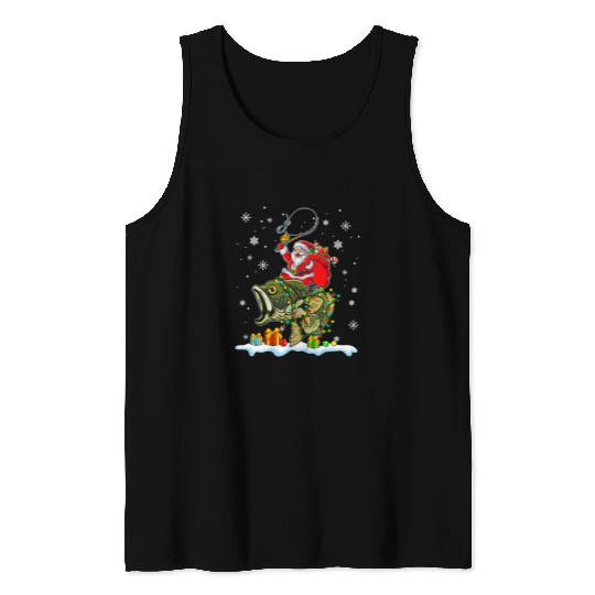 Fishing Christmas Bass Fishing Funny Santa Riding Fish Fishermen PJ Fisher Tank Tops